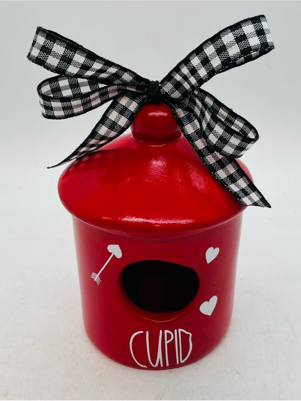 Mini 4.5”Tall Valentines Day Red Cupid  Birdhouse Ceramic Decoration With Ribbon
